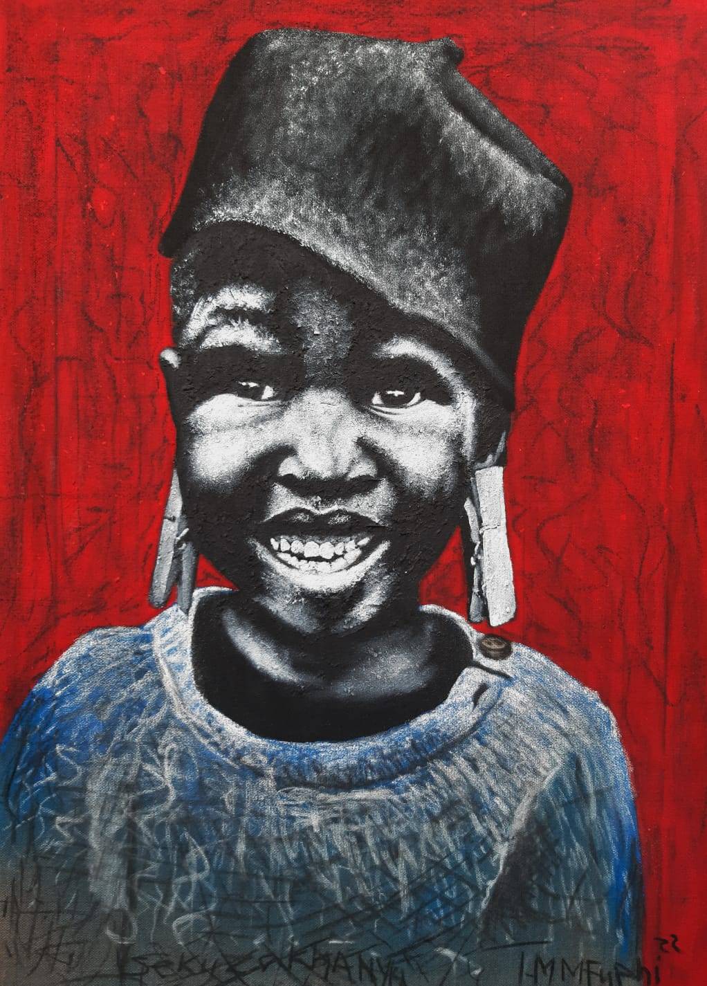 Acrylic and Cow dung painting by Thamsanga Mfuphi