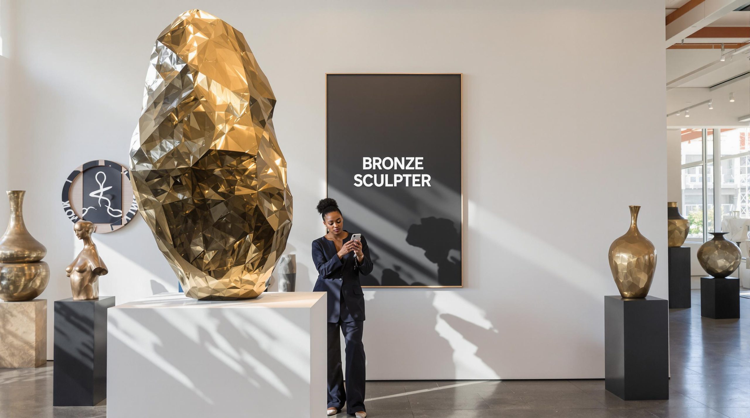 Art collector admiring bronze sculpture in well-lit South African gallery