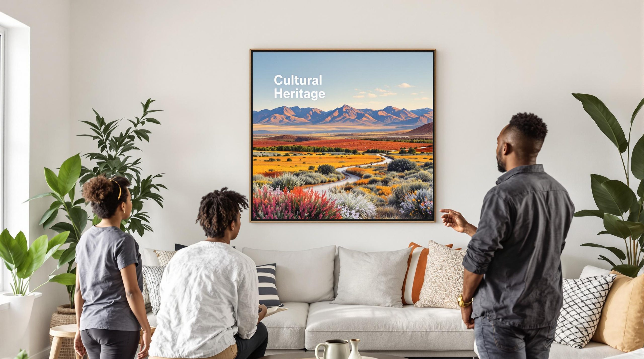 People admiring South African landscape art in a sunlit modern home