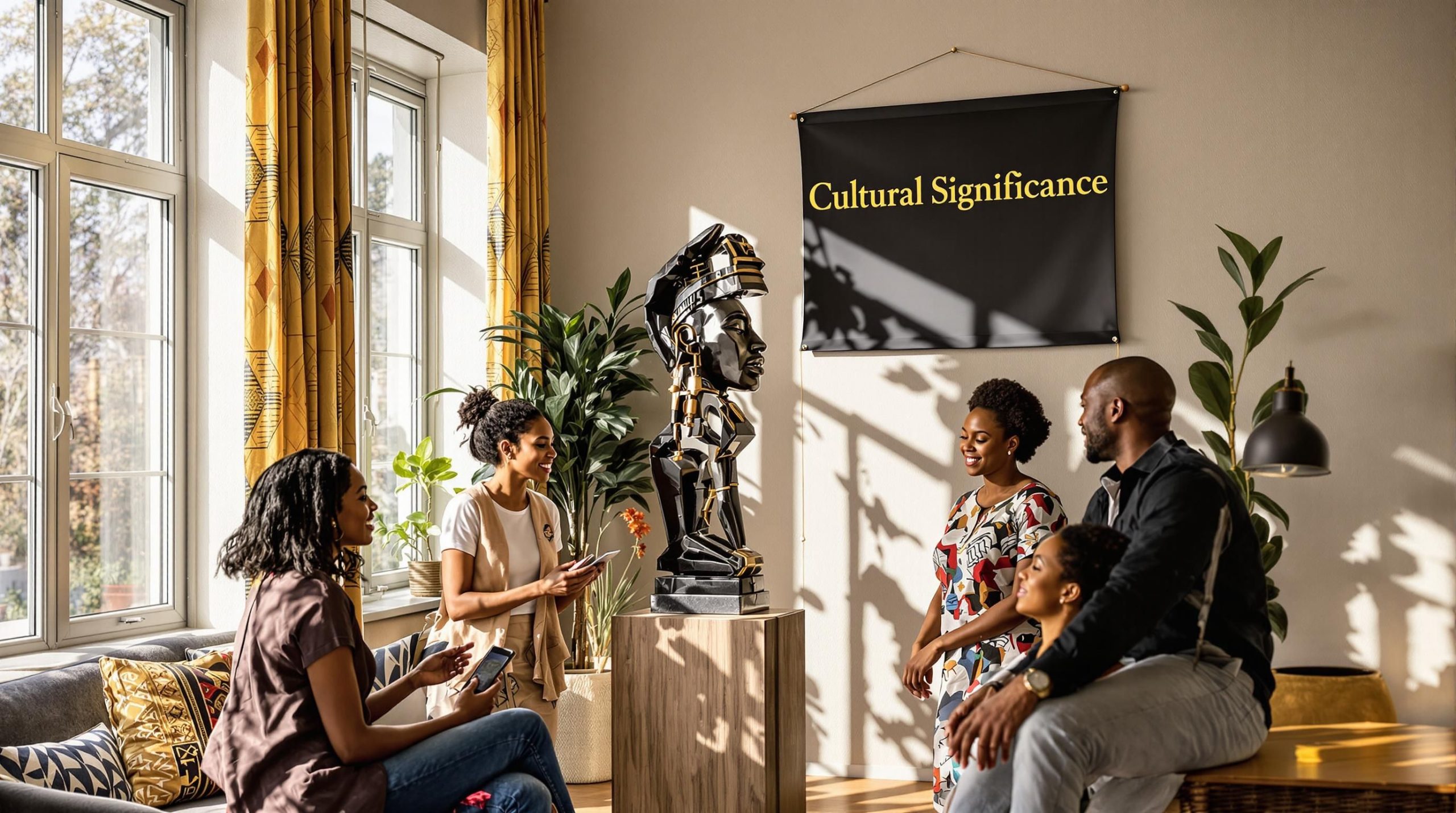 Modern room with people admiring African sculpture, cultural appreciation evident