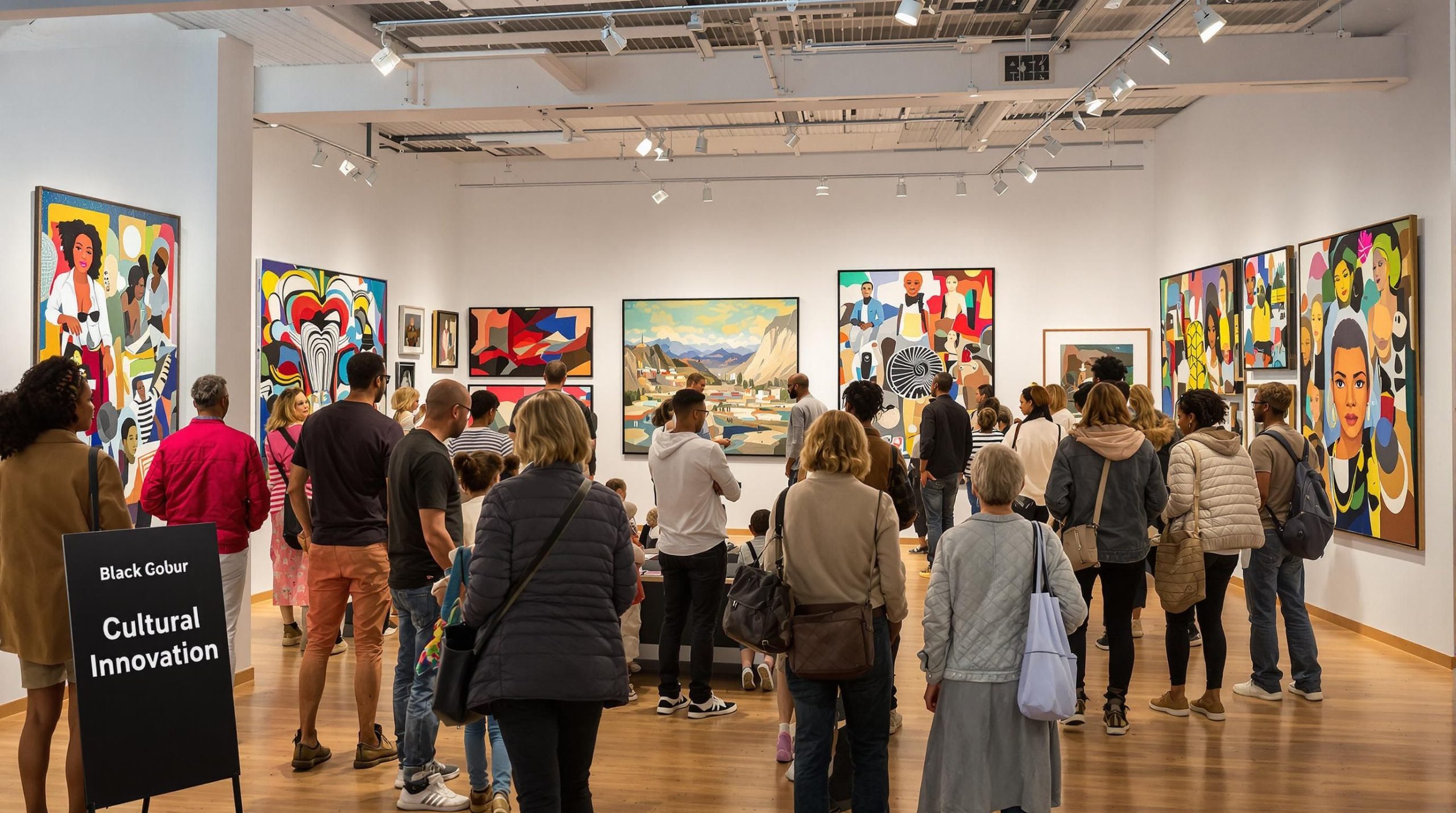 Modern art gallery with diverse visitors viewing Black South African artists’ work