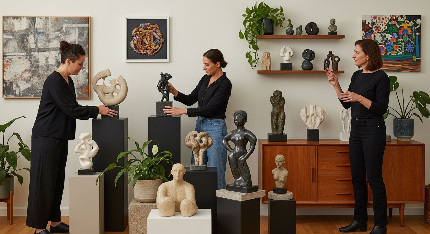 sculpture display, modern home, art arrangement